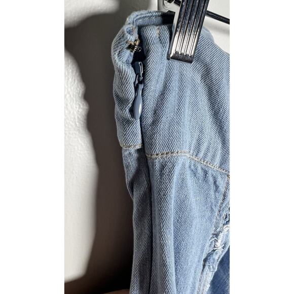 Pilcro Strapless Raw Seams Patchwork Denim Smocked Fit & Flare Mini Dress Small - Picture 9 of 13